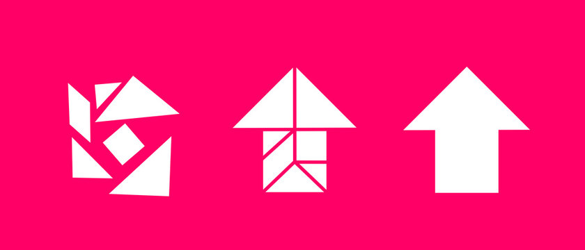 Tangram game: Seven chaotic shapes create arrow after arrangement. Metaphor of solving difficult problem and going ahead