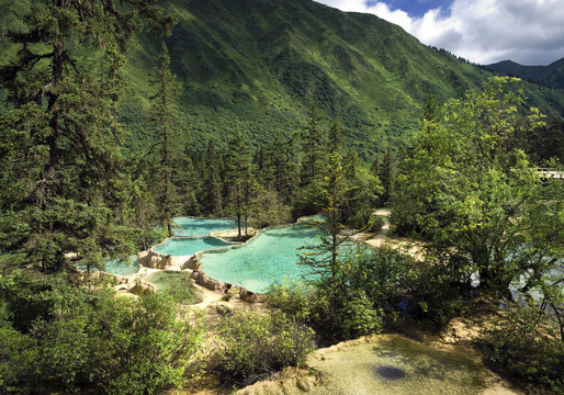 Travertine landscape and Colorful pools, Huanglong Scenic and Historic Interest Area, Sichuan, China