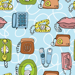 Call Me, Baby seamless vector pattern. Adorable retro phones and all kind of phones for textile, web, scrapbook paper, stationary.