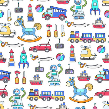 Vector seamless pattern with hand drawn colored toys for boys