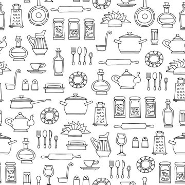 Vector seamless pattern with hand drawn isolated kitchen utensils on white color