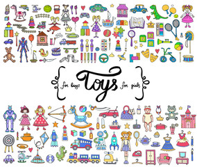 Vector set with hand drawn colored doodles of toys for boys and girls - 109777751