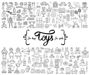 Vector set with hand drawn isolated doodles of toys for boys and girls