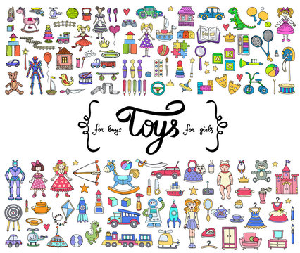 Vector set with hand drawn colored doodles of toys for boys and girls