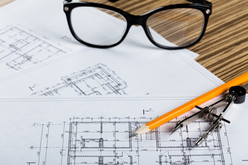 Architect worplace top view.