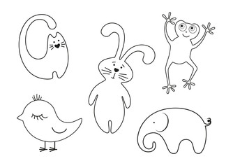 Set of black stylized contours of animals and bird