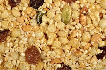 sesame, sunflowers and other seeds with dried fruits  as background.