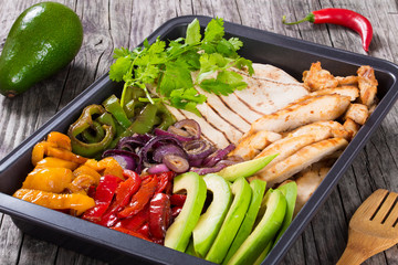 Delicious Chicken Fajita Platter with Avocado, close-up