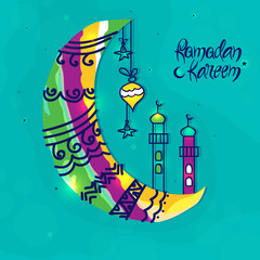 Colourful Moon with Minaret and Lamps for Ramadan Kareem.