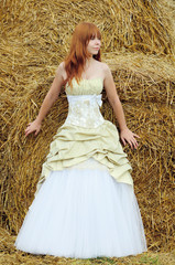 bride in wedding dress in a field