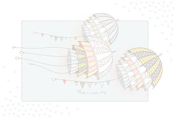 Flying unusual umbrellas - jellyfish. Vector card illustration.