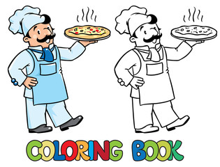 Coloring book of funny cook or chef  with pizza 