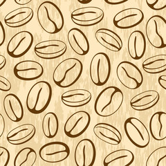 Seamless Pattern, Coffee Beans, Brown Contours Pictogram on Abstract Background. Vector