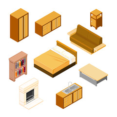 Vector isometric icon illustration of a set of household furniture.
House or home furniture elements.