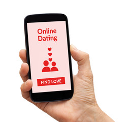 Hand holding smart phone with online dating concept on screen. Isolated on white background. All screen content is designed by me.