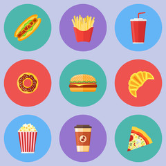 Set of fast food flat round icons. Hot dog, hamburger, pizza, french fries, donut, croissant, popcorn, coffee and soda takeaway. Vector illustration.