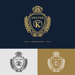 Line graphics monogram. Elegant art logo design. Letter K, R, L. Emblem template. Business sign, identity for Restaurant, Royalty, Boutique, Cafe, Hotel, Heraldic, Jewelry, Fashion. Vector elements