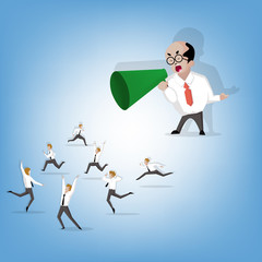 Chief officer or Boss shouting through a megaphone to businessma