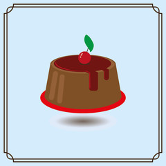 Candy card with a big chocolate cream cake, a red cherry with green leaf on top, over a blue background with frames. Digital vector image.