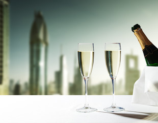 champaign Glasses and  skyscrapers of Dubai, UAE