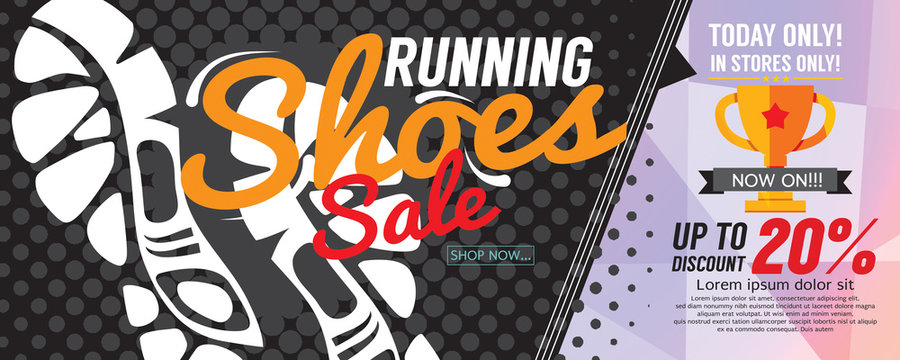 Running Shoes Sale 6250x2500 pixel Banner Vector Illustration.