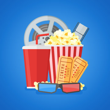 Cinema movie poster design template with film reel and strip, ticket, popcorn, soda takeaway, 3d glasses. Flat style vector illustration.