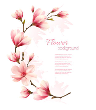 Nature background with blossom brunch of pink flowers. Vector