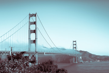 Famous bridge. Coast of California, San Francisco. Panorama of Golden Gate Bridge. Toning