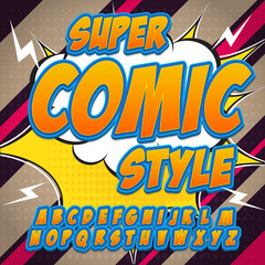 Obraz premium Alphabet in the hero style of comics, pop art. Letters and figures for decoration of kids' illustrations