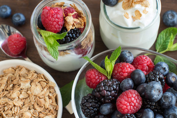 Breakfast with Fresh greek yogurt, muesli and berries