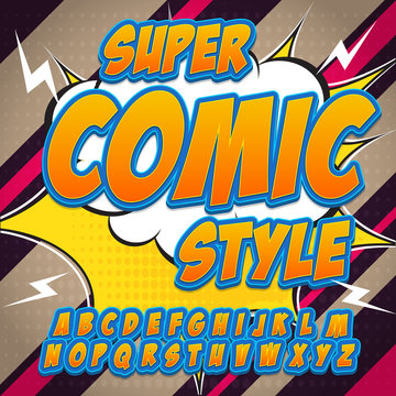 Alphabet in the hero style of comics, pop art. Letters and figures for decoration of kids' illustrations