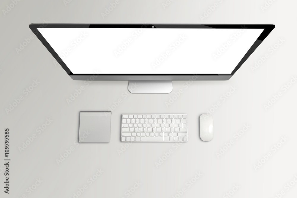 Poster Top view of computer and keyboard, mouse with blank screen on gr