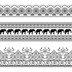 Mehndi henna border seamless pattern element with elephants and flower line lace in Indian style isolated on white background.