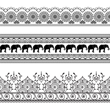 Mehndi henna border seamless pattern element with elephants and flower line lace in Indian style isolated on white background.
