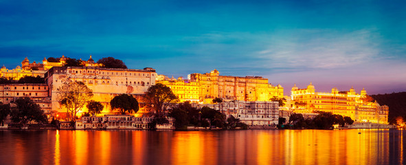 Udaipur City Palace in the evening panoramic view. Udaipur, Indi