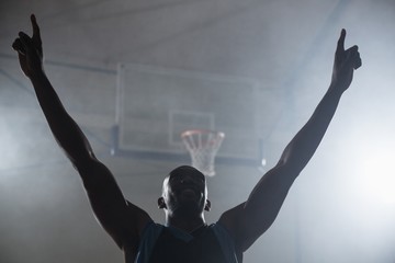 Rear view of a basketball player with his arms in the air