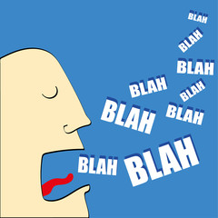 Caricature of  man's head with his mouth open and the words Blah,Blah,Blah coming out in white text