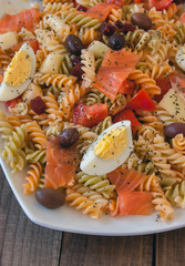 Pasta salad on wooden table