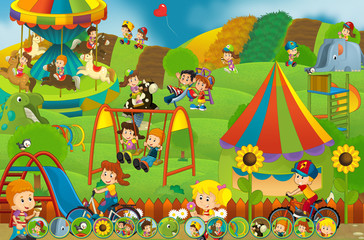 Cartoon scene of kids playing in the funfair - matching game - illustration for children