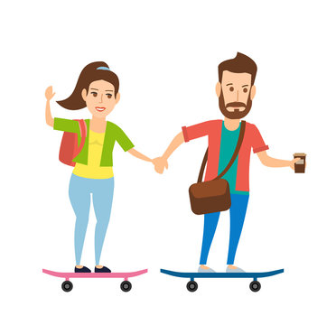 skateboarders young man and woman riding skateboard isolated on white background