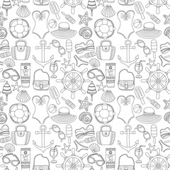Big set with doodle images about beach fashion and travel