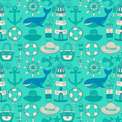 Big set with doodle images about beach fashion and travel