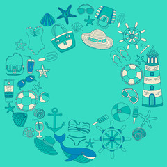 Big set with doodle images about beach fashion and travel