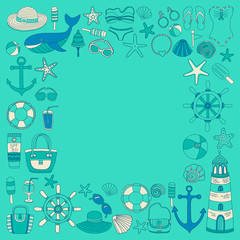 Big set with doodle images about beach fashion and travel