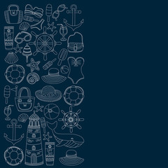 Big set with doodle images about beach fashion and travel