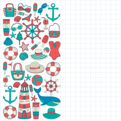 Big set with doodle images about beach fashion and travel