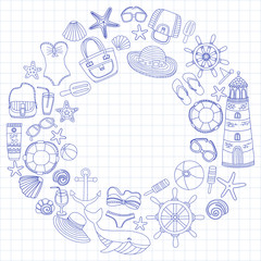 Fototapeta premium Big set with doodle images about beach fashion and travel