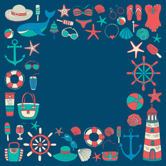 Big set with doodle images about beach fashion and travel