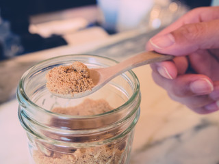 wooden spoon and Coconut sugar. sweet