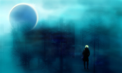 Silhouette of a woman walking at night in the city